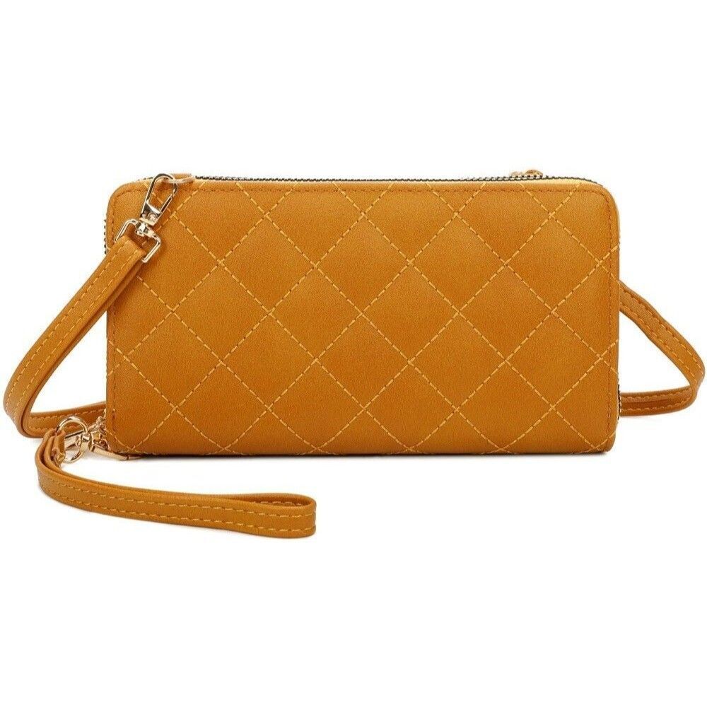 Mustard Double Zip Around Quilted Wallet Wristlet Cell Phone Holder Wallet